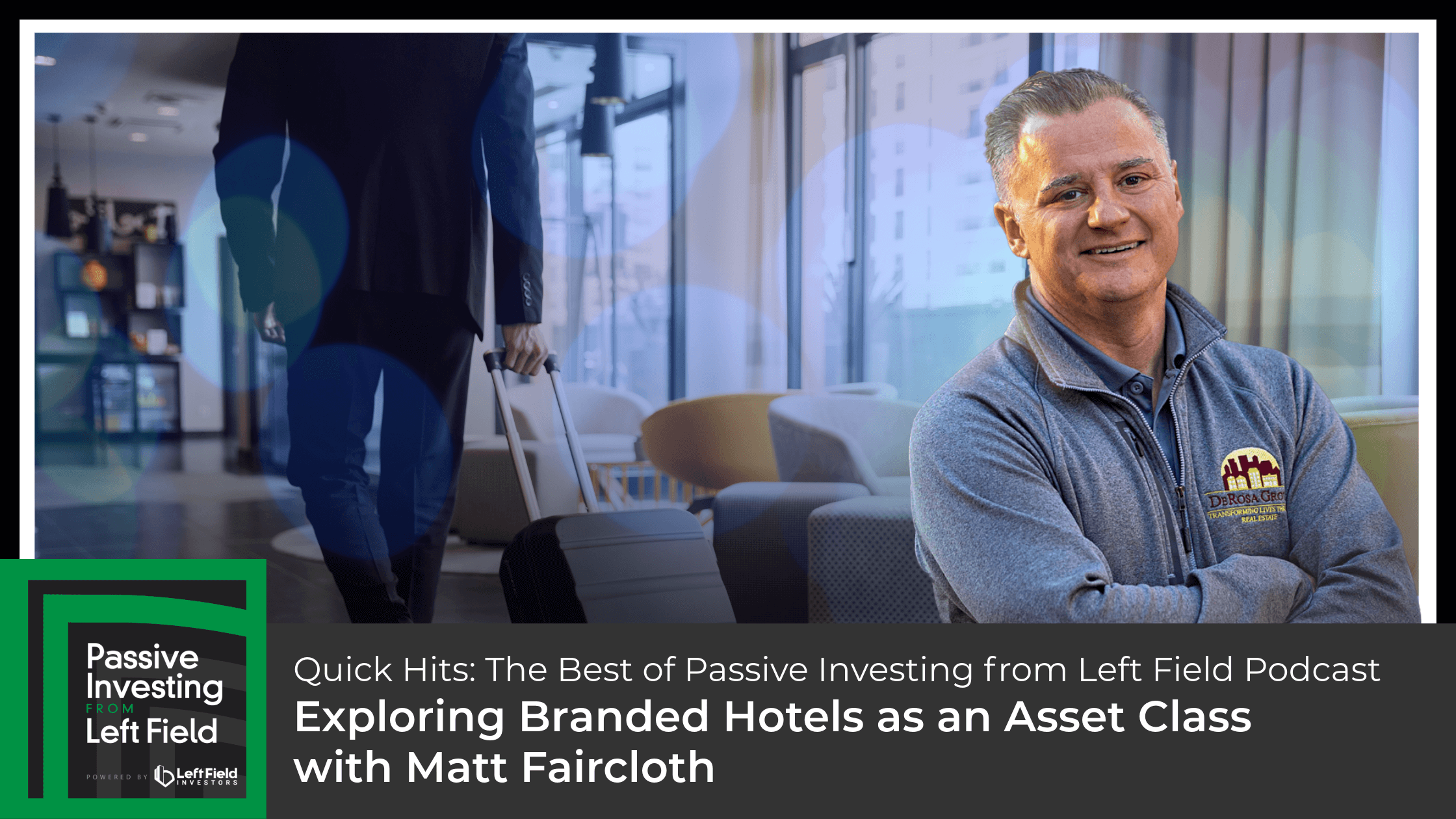 Matt Faircloth in front of an image of a man wheeling a suitcase through a hotel lobby